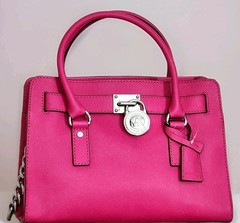 🌞MICHAEL KORS HAMILTON RASPBERRY PINK SILVER SAFFIANO LEATHER SATCHEL BAG🌺NWT!