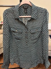 White House Black Market 100% Silk Geometric Print Button Front Blouse Size 10