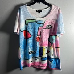 Picasso Inspired Woman&rsquo;s XXL Face Graphic T-Shirt Rhinestone Burnout