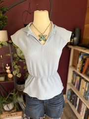Vintage Y2K Baby Blue Stretch Ribbed Collared Top Minimalist Feminine Softgirl M