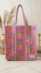 Handmade Leopard Print Tote Bag Pink Quilted Cotton Everyday Shoulder Bag item