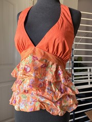 Angie Maternity S Orange Floral Ruffle Halter V-Neck Tie Back Blouse