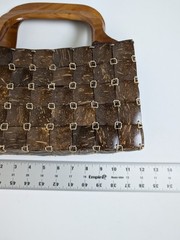 Handcrafted Brown Woven Coconut Shell Purse with Wooden Handles & Zipper Closure