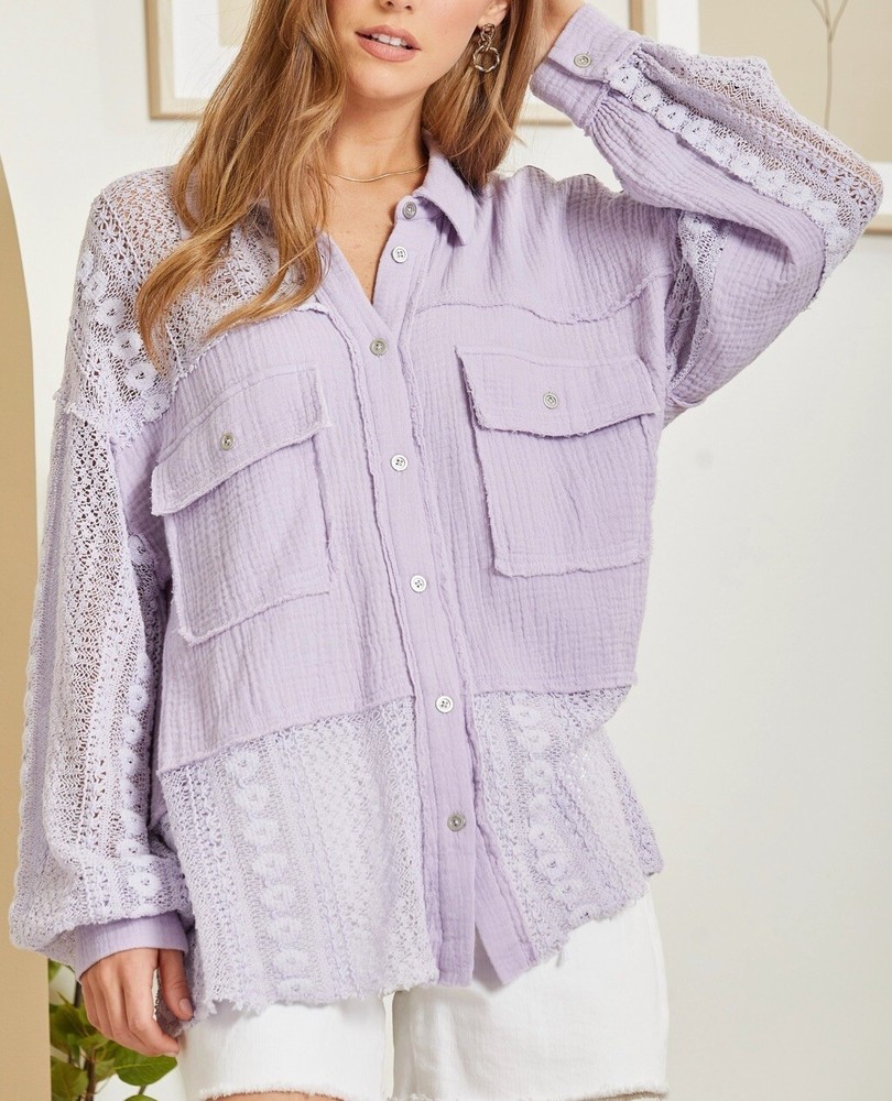 🔥🔥Cotton Button Up Lace Top Double Breast Pockets. Size XL