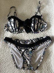 Vintage Betsey Johnson Bikini Scrolls & Floral Design Ruffled Ribbon Top-M Bot-S