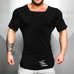 Men Running Sport Hip Hop Hole T-Shirt Cotton Breathable Short Sleeve Square Col
