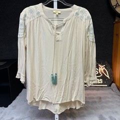 Kori America Boho Top Womens Small Cream Blue Floral Embroidered Tassel Blouse