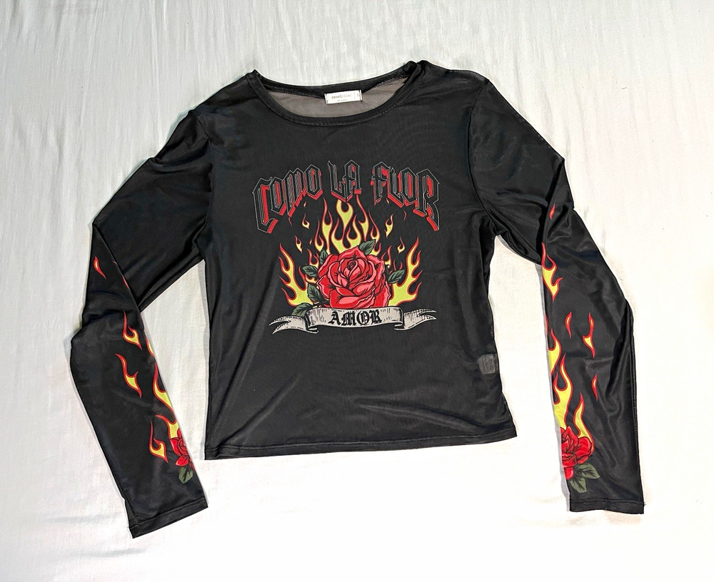 Sweet Lilac Women’s Black Sheer Mesh Long Sleeve Crew Neck Rose Flame Top L