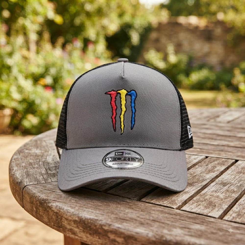 Adjustable Gray Mesh Trucker Cap Featuring Embroidered Monster Logo