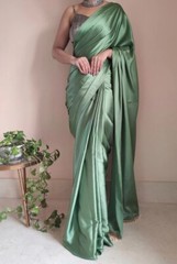 Solid/Plain Bollywood Satin, Silk Blend Saree (Light Green)
