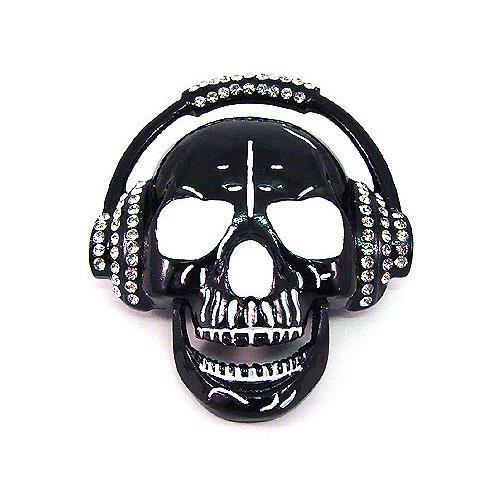 Skull Skeleton Hip Hop Music Rhinestones Headphone Biker Black Metal Belt Buckle