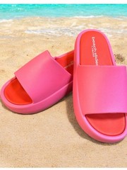 J Slides SQUISH Pink Orange EVA Wide Band Peep Toe Chunky Beach Slides 42-43