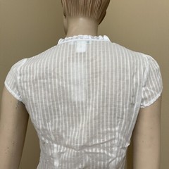 Women’s White Cotton Casual Sheer Striped Lace Satin Buttons Size L Blouse Top