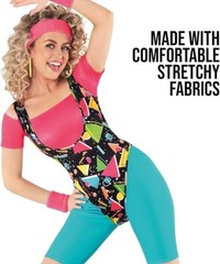 Women`s Fitness Instructor Costume 80`s Retro Gym Workout Leotard + Sweatbands
