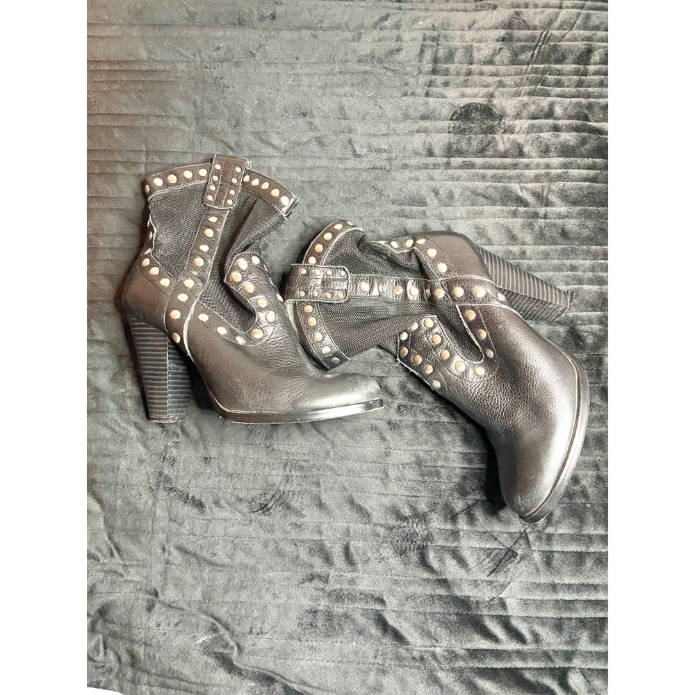 BCBGeneration Black Leather Studded Mesh Ankle Boots Heeled Rocker Booties 7B