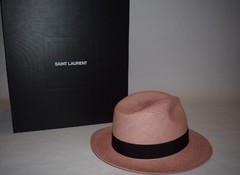 NWT! Authentic YSL Saint Laurent Raffia Pink Waikiki Panama Hat sz 58 LOGO black