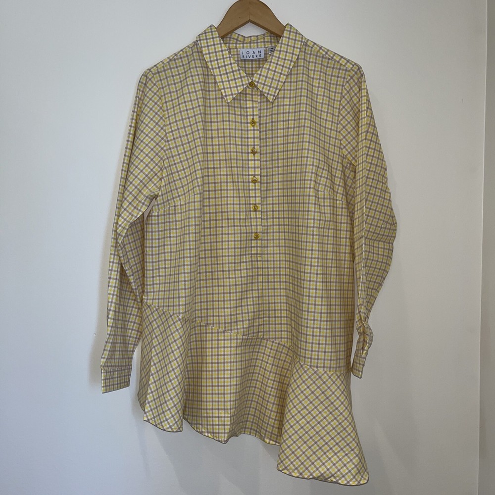 Joan Rivers Gingham Size 14 Button Front Tunic With Asymmetrical Hem Yellow/Tan