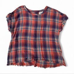 Cloth & Stone Red Blue Plaid Button Back Fringe Raw Hem Blouse Women S