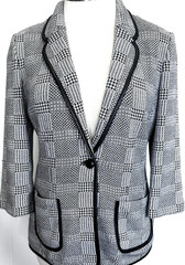 BEAUTIFUL ST.JOHN KNIT JACKET BLACK WHITE PRING POCKETS LEATHER TRIM SIZE 12