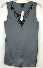 August Silk Top Womens Small Sleeveless Embellished Stones Gray Tank Event New