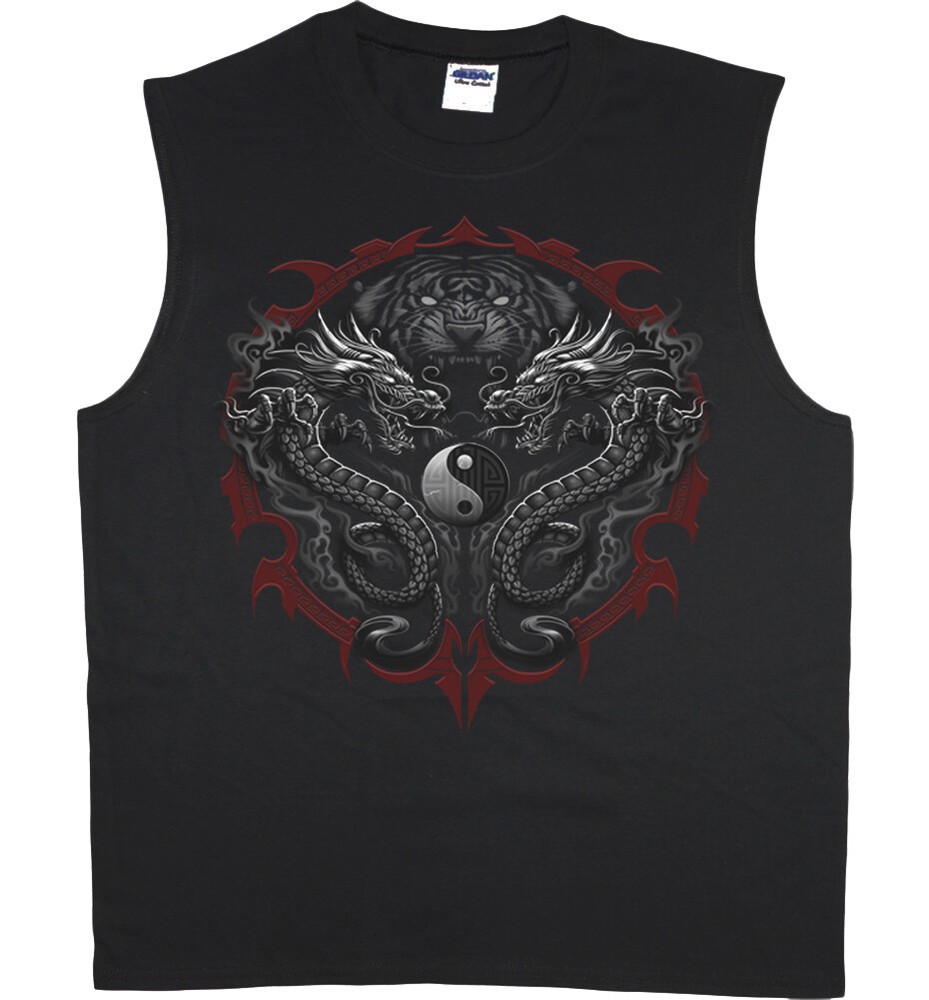 Mens Sleeveless T-shirt Muscle Tee Yin Yang Dragon Graphic Clothing Apparel