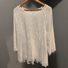 Cottage Romantic Boho Chic White Embroidered Lace Tunic Top Bell Sleeve Large
