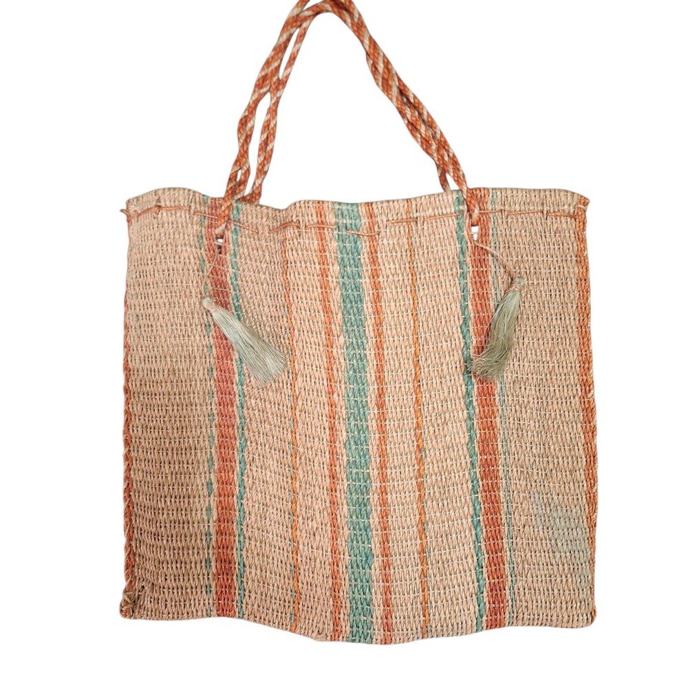 Tote Bag Colorful Jute Double Braided Handle Stripes Side Tassels Natural Fibers