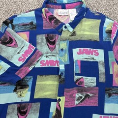 Jaws Movie Shark Print Button Front Camp Shirt Blue Pink Mens LG Novelty Retro