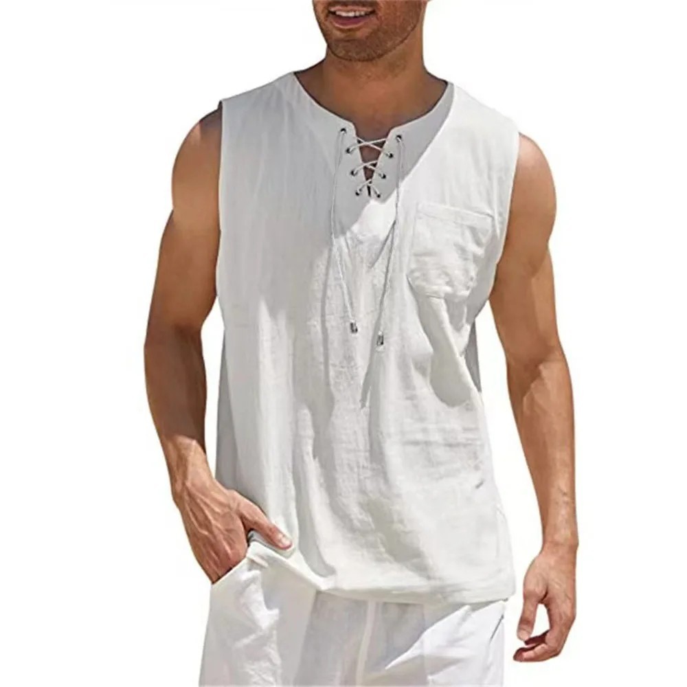 Men&rsquo;s Cotton Linen Sleeveless Vest, Lace Up V Neck Tank Top, Casual Loose Shirt.