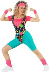 Women`s Fitness Instructor Costume 80`s Retro Gym Workout Leotard + Sweatbands