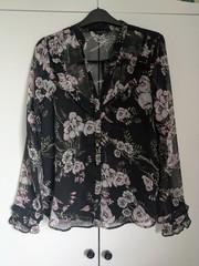 River Island Size 10 Black Floral Chiffon Blouse | Sheer Ruffle Long Sleeve Top