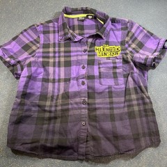 NWT Disney Her Universe Haunted Mansion Hitchhiking Ghosts Purple Plaid Shirt L