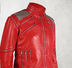 BEAT IT Michael Jackson THRILLER RED Sheep Leather Jacket Detachable Sleeves