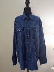 Vtg 80s Ely Cattleman Western Shirt 16.5 35 Blue Gold Lurex Metallic Pearl Snap