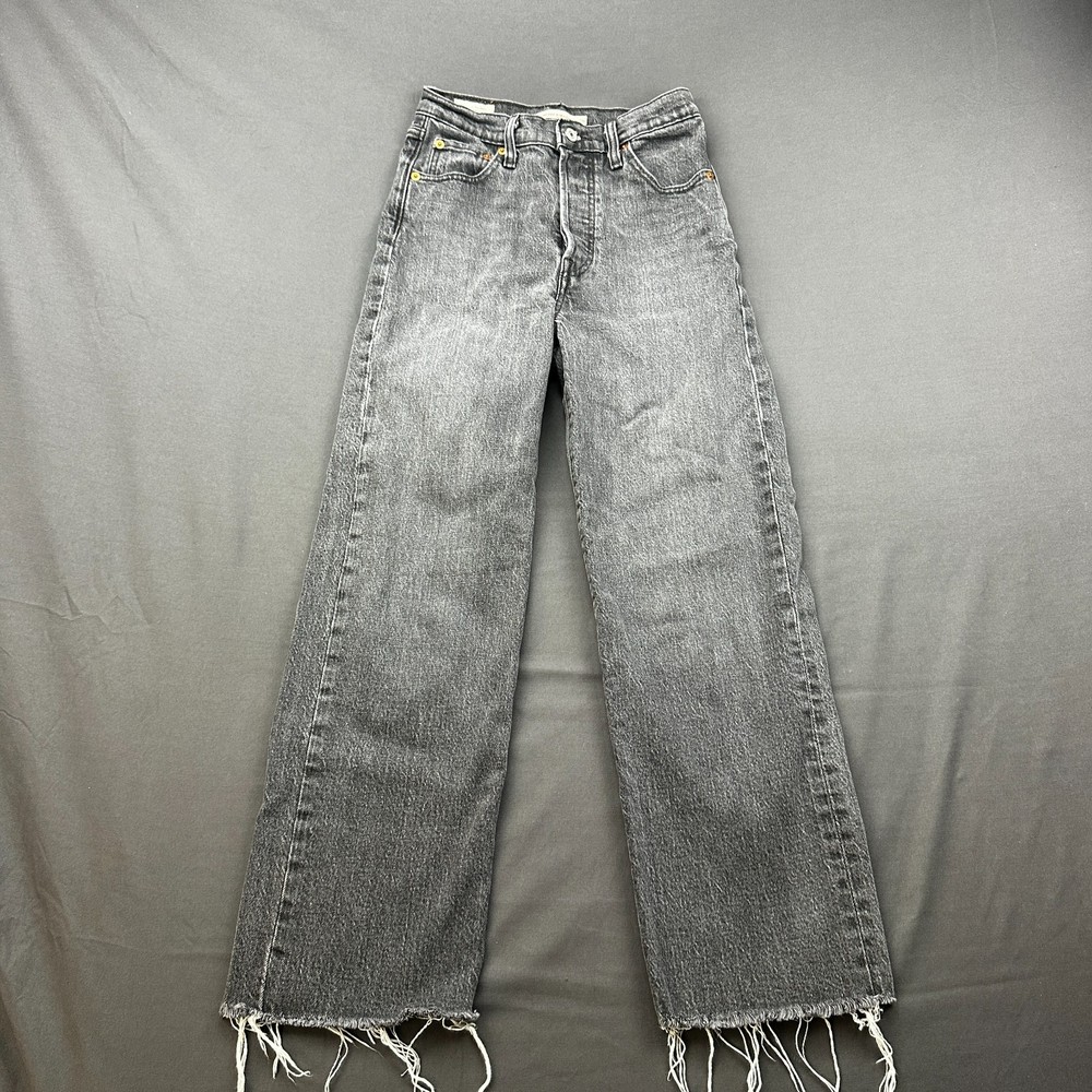 Levis Ribcage Ankle Jeans Womens 26 Gray Denim Cotton Straight Leg Frayed Hem