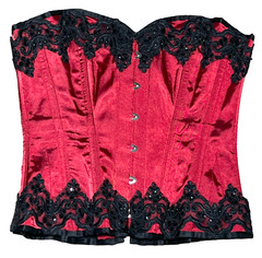 FOX & ROYAL RED BLACK ROCOCO EMBROIDERED LACE UP HOOK SATIN CORSET BUSTIER 32