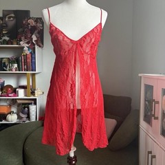 red lace babydoll lingerie dress, plus size, strap accent, v-neck, sleeveless