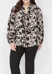Lane Bryant Tie Front Career Office Blouse Black White Tree Leaf Print Size 18