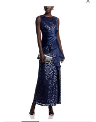 Eliza J Women&rsquo;s Size 4 Navy Long Sleeveless Round Neck Lace Floral Ruffle