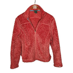 LL Bean Womens Coral Red Sherpa Fleece Jacket Sz Large Zip Front Warm Outerwear