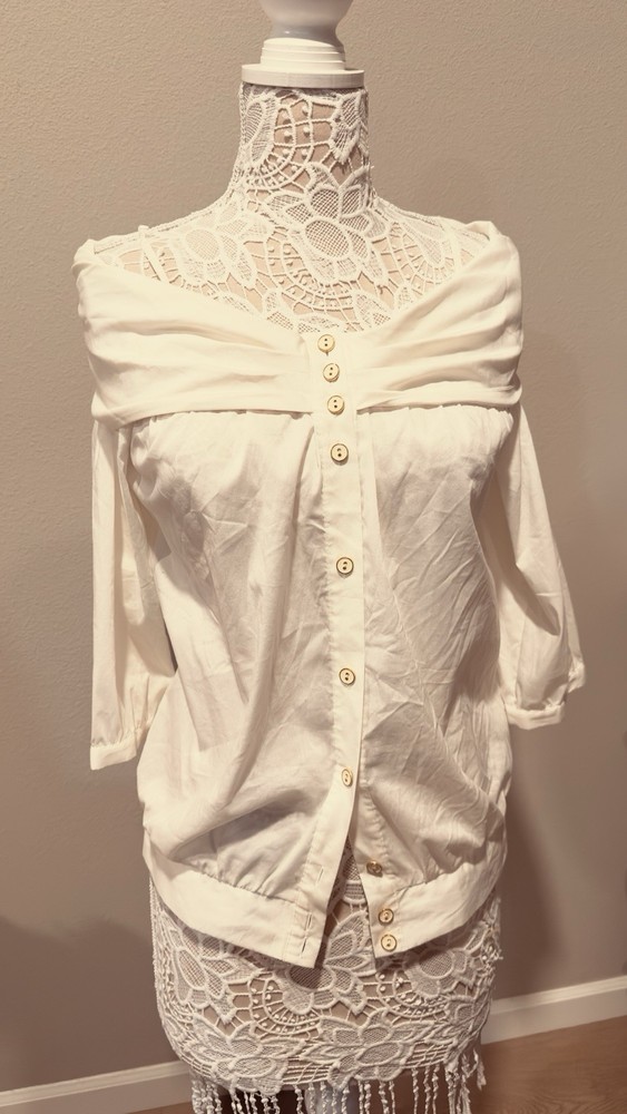 Vero Moda White Solid Off-Shoulder 3/4 Sleeve Button Front Shirt 165/84A