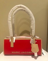 Marc Jacobs Small Red/Beige Satchel Top Handle Zip Gold Hardware Logo Card
