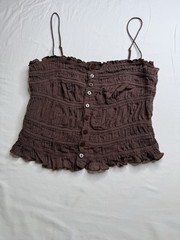FP One Brown Solid Square Neck Smocked Button Ruffle Knit Cotton Cami Tank S