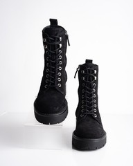 Massimo Dutti Womens Suede Boots Combat Lace Up Black US 6 EU 36 1112/450 defect