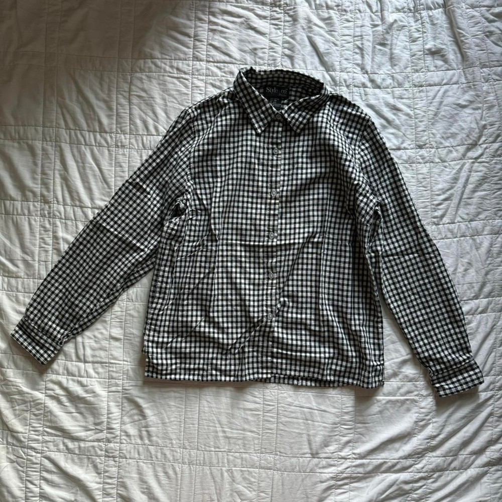 white black gingham button up collared shirt sz14P cotton preppy country classic