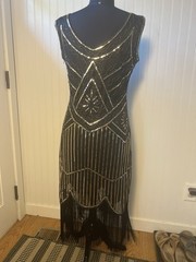 Retro 1920’s Gatsby Black Beaded Gold Sequins Fringe Flapper Dress XL PREOWNED