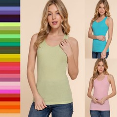 Round Neck Racerback Ribbed Tank Top Soft Stretch Thin Cotton Fitted Sleeveless