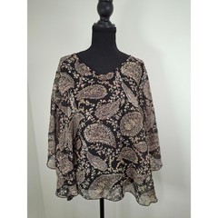 New Directions Woman 2X Paisley Chiffon V-Neck Blouse Black Tan Pink Sheer Top