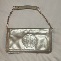 Tory Burch Metallic gold Shoulder Bag Chain Strap Zip Closure Logo, Gold