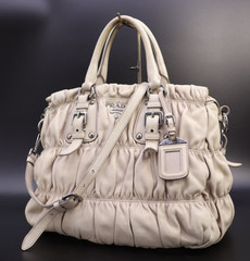 PRADA Handbag Shoulder Strap Gathered Lambskin Beige Elegant Authentic